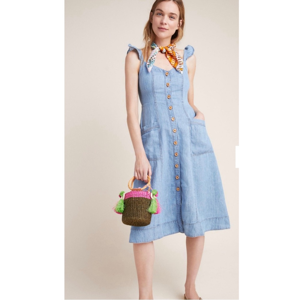 Anthropologie Light Blue Button-Front Midi Dress